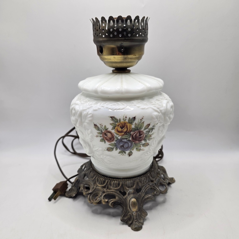 Vintage Milk Glass Hurricane Lamp Floral Roses Ornate Metal Footed Cottagecore